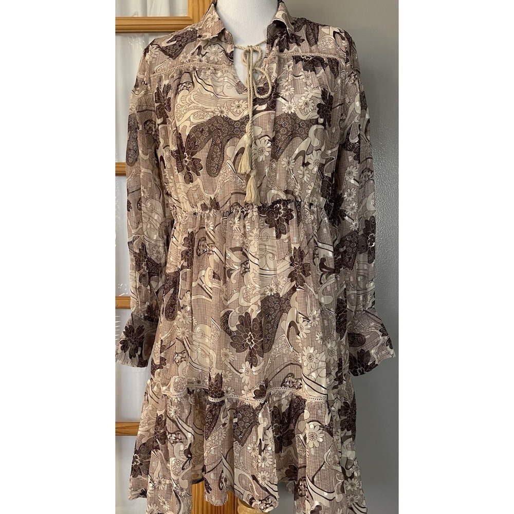 Boho Floral Sheer Tiered Dress Sz L Beige Brown Slip Lining Cottagecore Party
